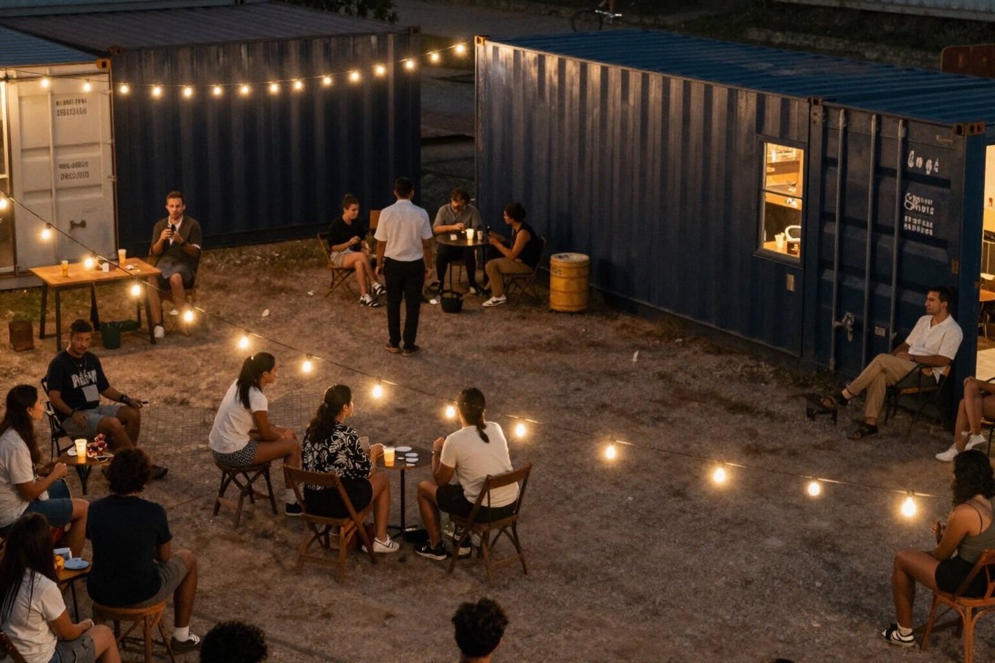 An evening gathering in a courtyard between shipping-container studios, lit by strings of bulbs.