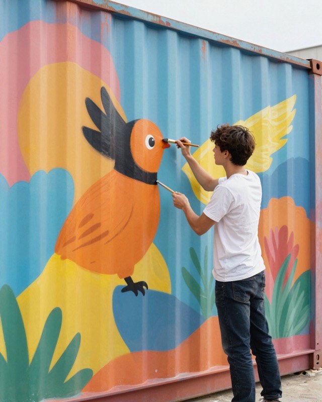 A young artist painting a large bird mural across a shipping container.