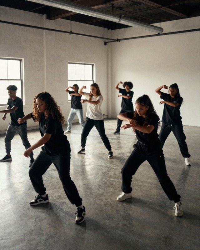 A dance class rehearsing in a bright, high-ceilinged studio.
