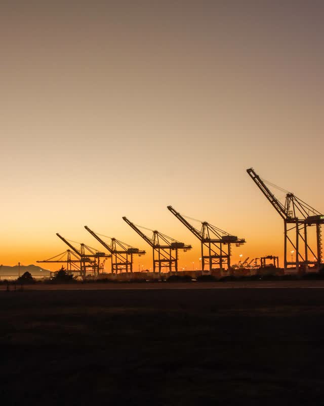 A row of container cranes silhouetted against an orange sunset.